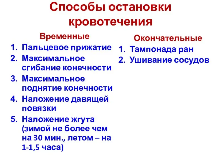 Способы остановки кровотечения Временные Пальцевое прижатие Максимальное сгибание конечности Максимальное поднятие конечности Наложение