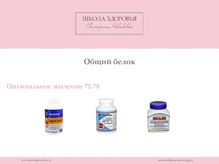 www.dietologekaterina.ru welcome@ekaterinadietolog.ru Общий белок Оптимальное значение 72-78