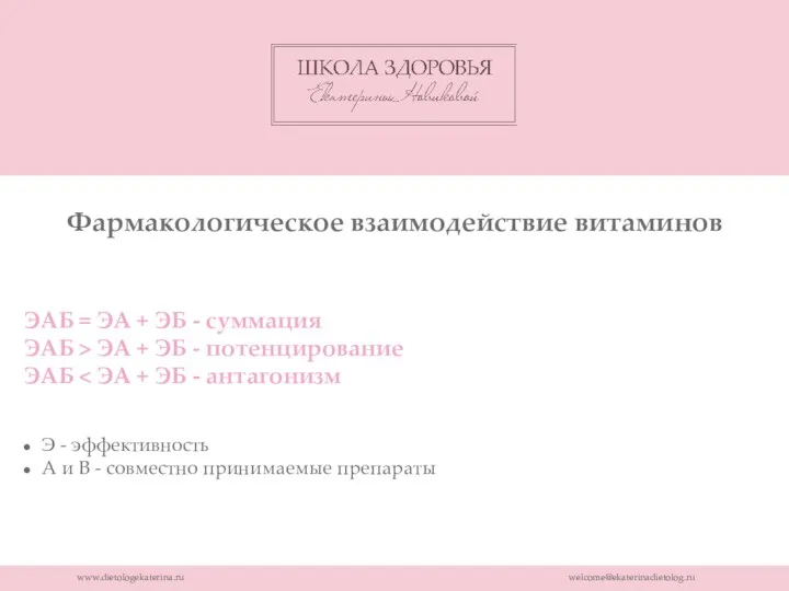 www.dietologekaterina.ru welcome@ekaterinadietolog.ru Фармакологическое взаимодействие витаминов ЭАБ = ЭА + ЭБ - суммация ЭАБ