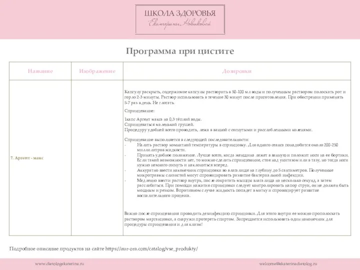 www.dietologekaterina.ru welcome@ekaterinadietolog.ru Программа при цистите Подробное описание продуктов на сайте https://aur-ora.com/catalog/vse_produkty/