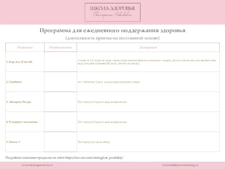 www.dietologekaterina.ru welcome@ekaterinadietolog.ru Подробное описание продуктов на сайте https://aur-ora.com/catalog/vse_produkty/ Программа для ежедневного поддержания здоровья