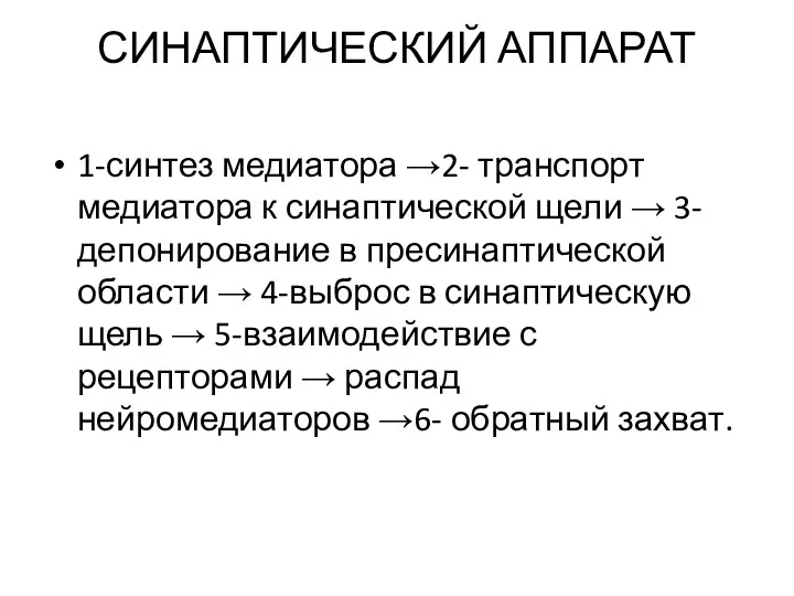 СИНАПТИЧЕСКИЙ АППАРАТ 1-синтез медиатора →2- транспорт медиатора к синаптической щели