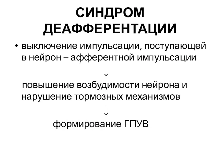 СИНДРОМ ДЕАФФЕРЕНТАЦИИ выключение импульсации, поступающей в нейрон – афферентной импульсации