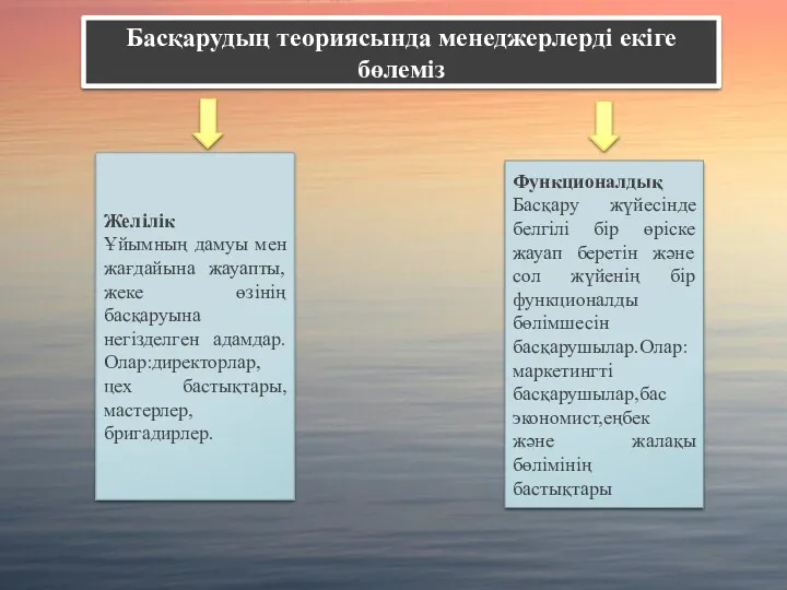 Басқарудың теориясында менеджерлерді екіге бөлеміз Желілік Ұйымның дамуы мен жағдайына