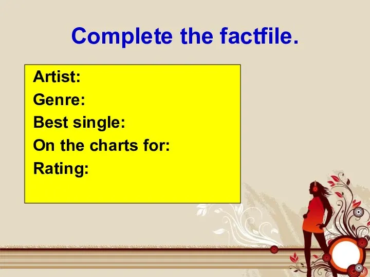Complete the factfile. Artist: Genre: Best single: On the charts for: Rating:
