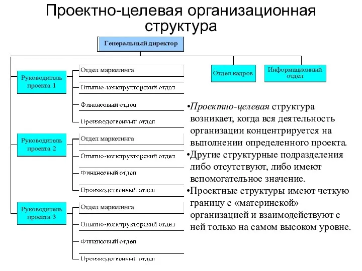 Проектно-целевая организационная структура Проектно-целевая структура возникает, когда вся деятельность организации