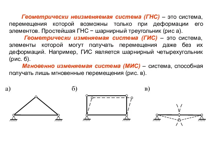 Геометрически неизменяемая система (ГНС) – это система, перемещения которой возможны