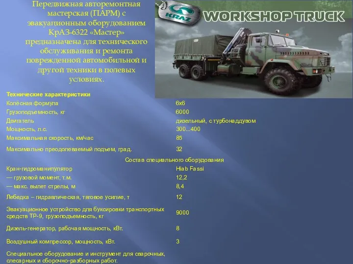 Передвижная авторемонтная мастерская (ПАРМ) с эвакуационным оборудованием КрАЗ-6322 «Мастер» предназначена