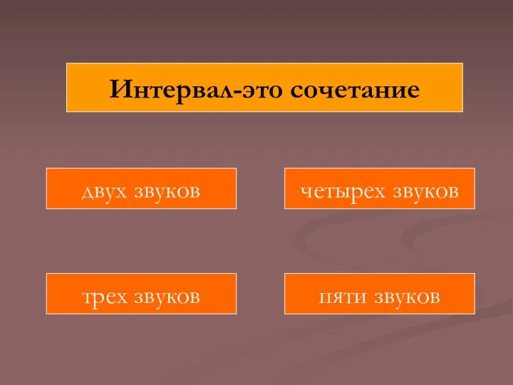 Интервал-это сочетание двух звуков пяти звуков трех звуков четырех звуков