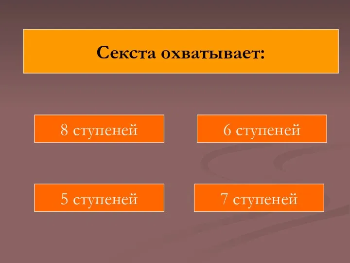 Секста охватывает: 8 ступеней 7 ступеней 6 ступеней 5 ступеней