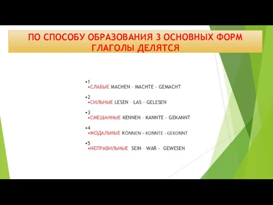 ПО СПОСОБУ ОБРАЗОВАНИЯ 3 ОСНОВНЫХ ФОРМ ГЛАГОЛЫ ДЕЛЯТСЯ 1 СЛАБЫЕ