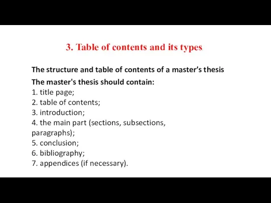 The structure and table of contents of a master’s thesis