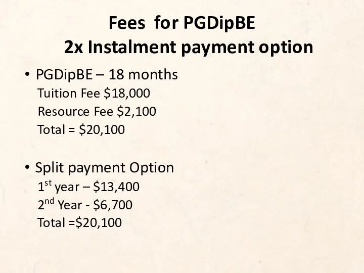 Fees for PGDipBE 2x Instalment payment option PGDipBE – 18 months Tuition Fee
