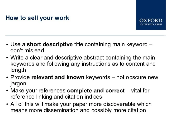 How to sell your work Use a short descriptive title