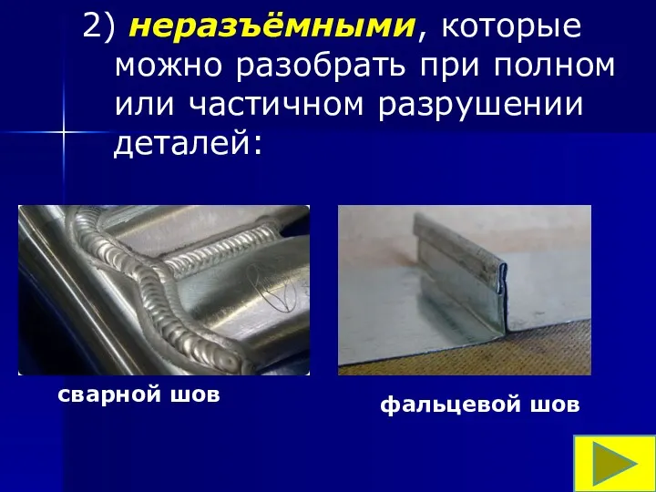 2) неразъёмными, которые можно разобрать при полном или частичном разрушении деталей: сварной шов фальцевой шов