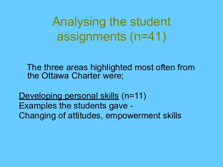 Analysing the student assignments (n=41) The three areas highlighted most