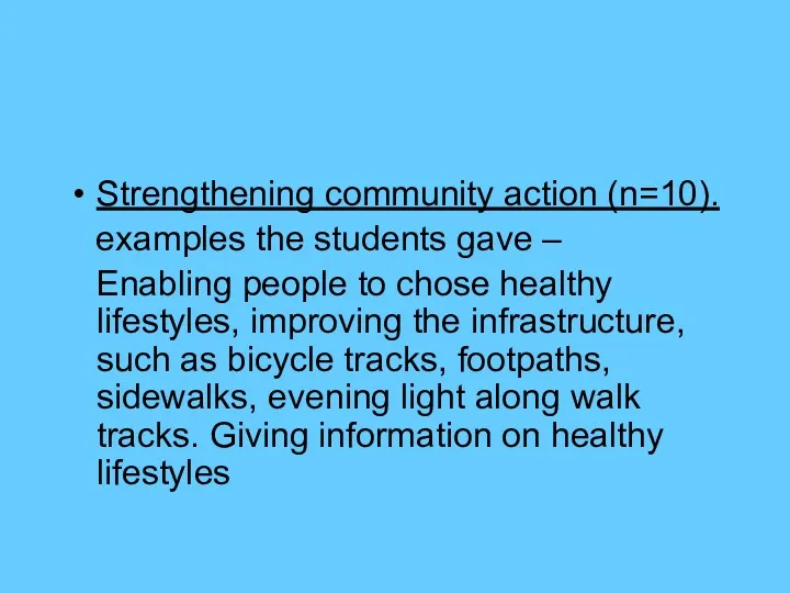 Strengthening community action (n=10). examples the students gave – Enabling