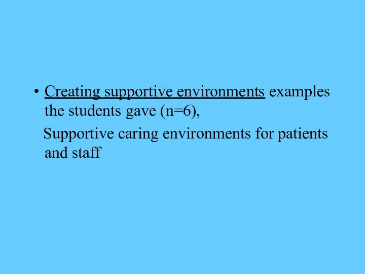 Creating supportive environments examples the students gave (n=6), Supportive caring environments for patients and staff