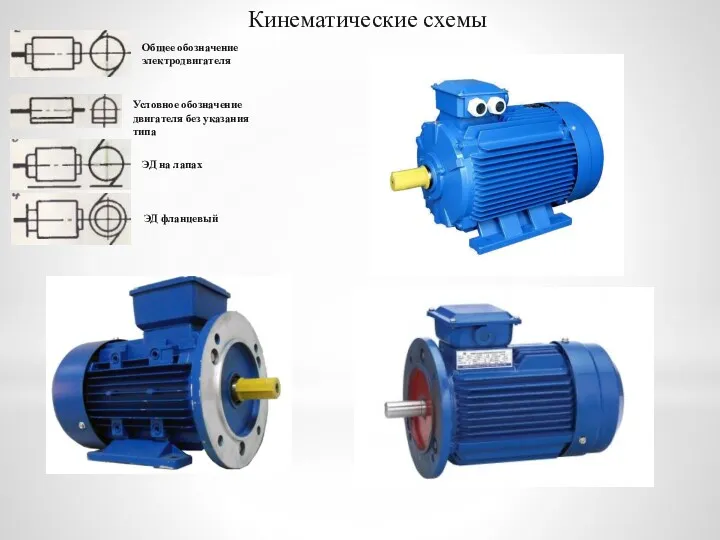 Кинематические схемы Общее обозначение электродвигателя ЭД на лапах ЭД фланцевый Условное обозначение двигателя без указания типа