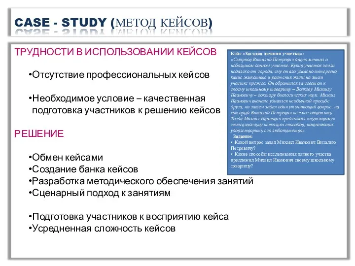 CASE - STUDY (МЕТОД КЕЙСОВ) ТРУДНОСТИ В ИСПОЛЬЗОВАНИИ КЕЙСОВ Отсутствие