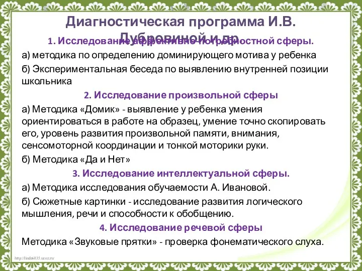 Диагностическая программа И.В. Дубровиной и др. 1. Исследование аффективно-потребностной сферы.