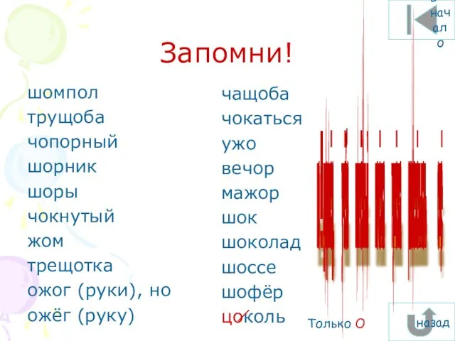 Запомни! шомпол трущоба чопорный шорник шоры чокнутый жом трещотка ожог