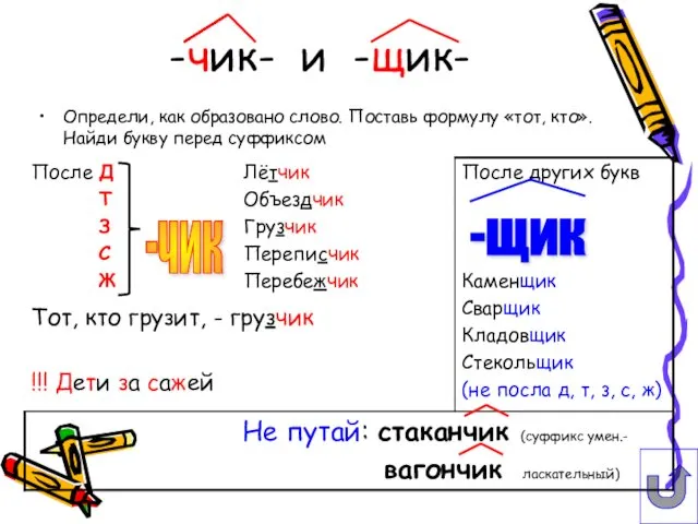 Определи, как образовано слово. Поставь формулу «тот, кто». Найди букву