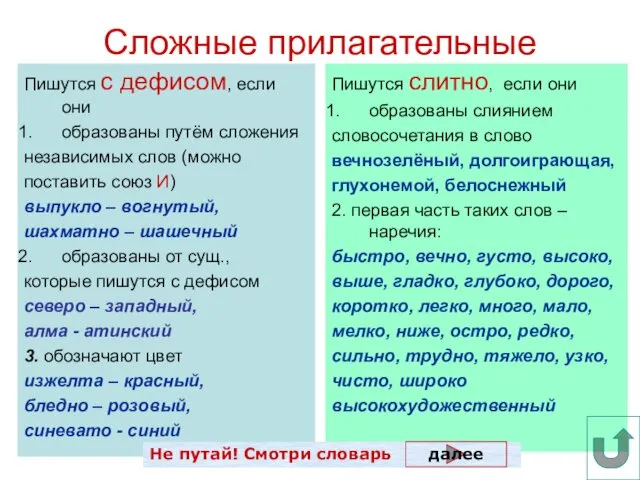 Сложные прилагательные Пишутся с дефисом, если они образованы путём сложения