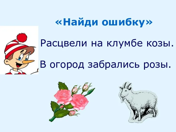 «Найди ошибку» Расцвели на клумбе козы. В огород забрались розы.