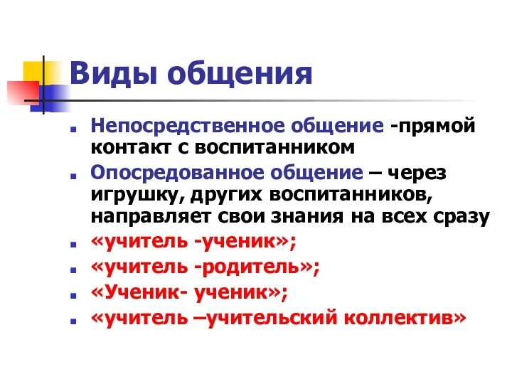 Виды общения Непосредственное общение -прямой контакт с воспитанником Опосредованное общение