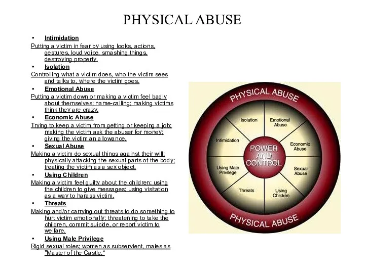 PHYSICAL ABUSE Intimidation Putting a victim in fear by using