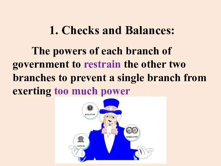 1. Checks and Balances: The powers of each branch of government to restrain