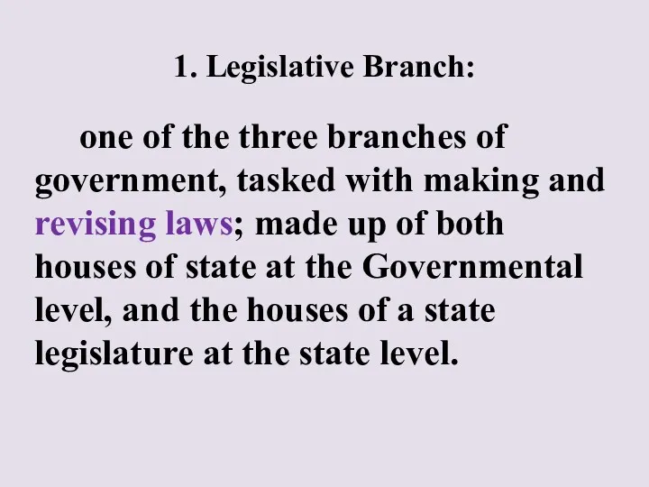 1. Legislative Branch: one of the three branches of government, tasked with making