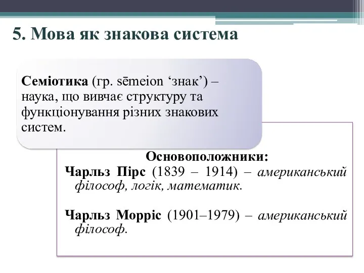 5. Мова як знакова система Основоположники: Чарльз Пірс (1839 –