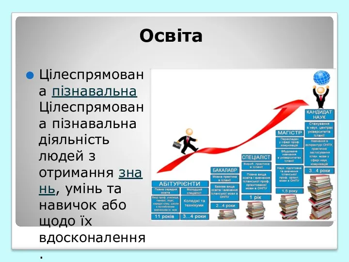 Освіта Цілеспрямована пізнавальнаЦілеспрямована пізнавальна діяльність людей з отримання знань, умінь та навичок або щодо їх вдосконалення.