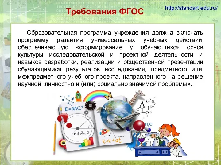Требования ФГОС http://standart.edu.ru/ Образовательная программа учреждения должна включать программу развития