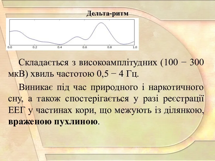 Складається з високоамплітудних (100 − 300 мкВ) хвиль частотою 0,5 − 4 Гц.