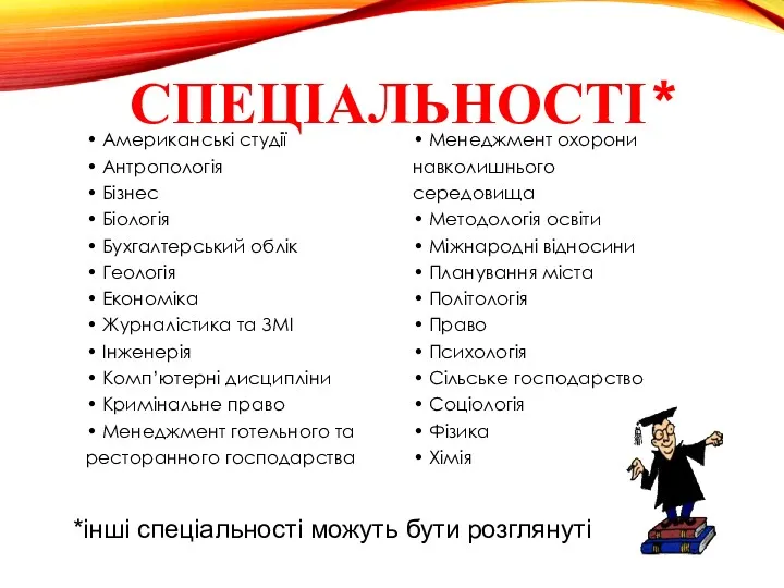 СПЕЦІАЛЬНОСТІ* • Американські студії • Антропологія • Бізнес • Біологія