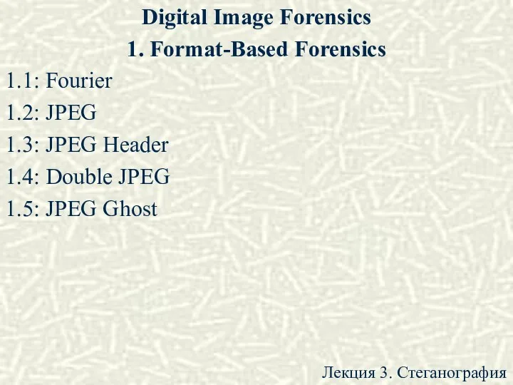Digital Image Forensics 1. Format-Based Forensics 1.1: Fourier 1.2: JPEG 1.3: JPEG Header
