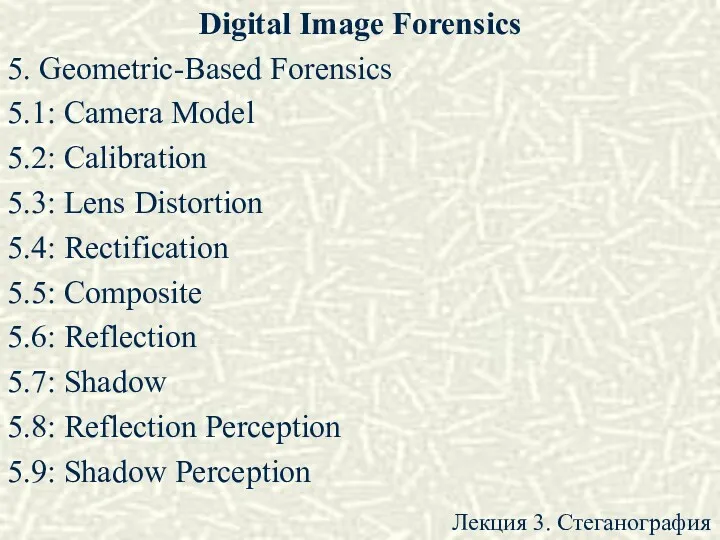 Digital Image Forensics 5. Geometric-Based Forensics 5.1: Camera Model 5.2: Calibration 5.3: Lens