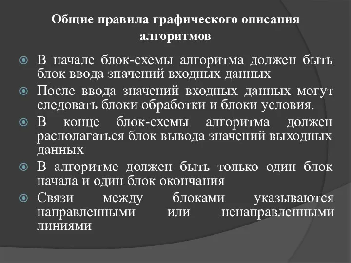 Общие правила графического описания алгоритмов В начале блок-схемы алгоритма должен быть блок ввода