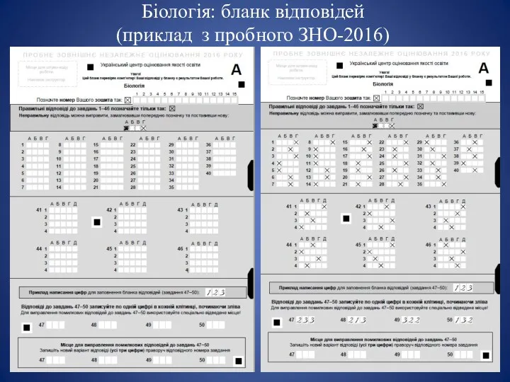 Біологія: бланк відповідей (приклад з пробного ЗНО-2016)