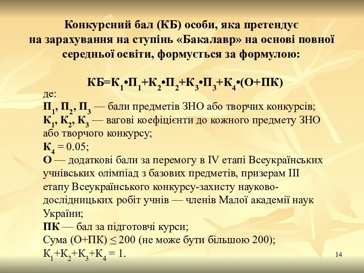 Конкурсний бал (КБ) особи, яка претендує на зарахування на ступінь