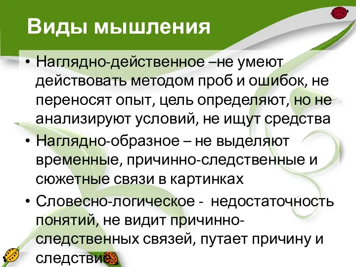 Виды мышления Наглядно-действенное –не умеют действовать методом проб и ошибок,