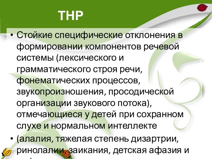 ТНР Стойкие специфические отклонения в формировании компонентов речевой системы (лексического