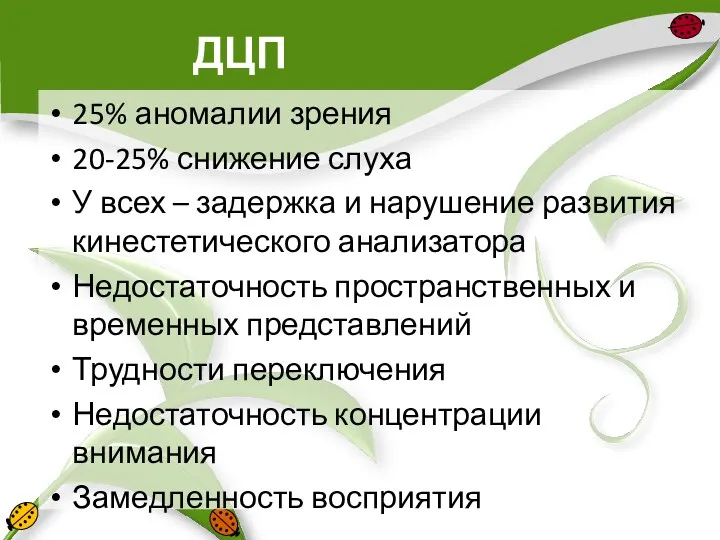 ДЦП 25% аномалии зрения 20-25% снижение слуха У всех –