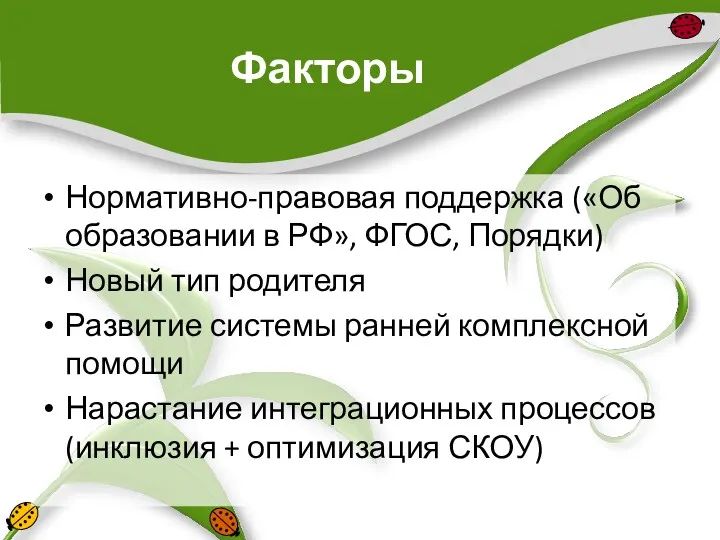 Факторы Нормативно-правовая поддержка («Об образовании в РФ», ФГОС, Порядки) Новый