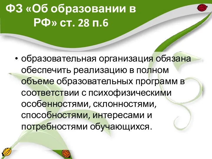 ФЗ «Об образовании в РФ» ст. 28 п.6 образовательная организация