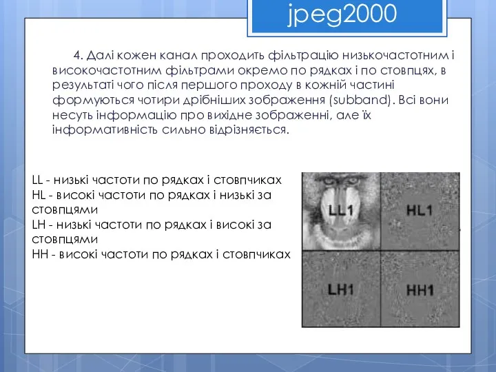 jpeg2000 4. Далі кожен канал проходить фільтрацію низькочастотним і високочастотним