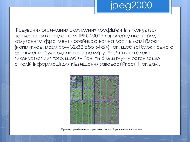 jpeg2000 Кодування отриманих округлених коефіцієнтів виконується поблочно. За стандартом JPEG2000